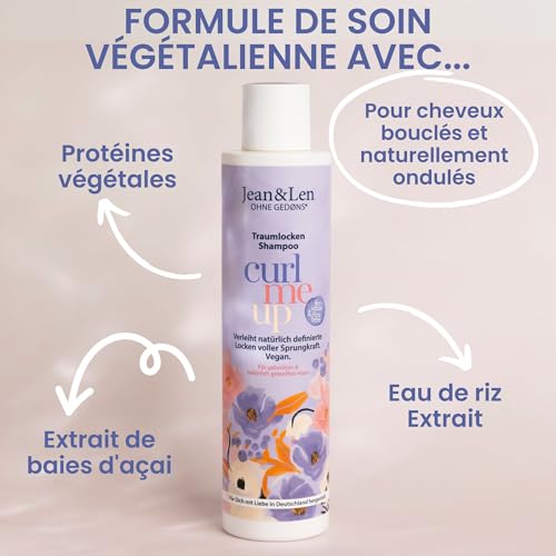 Shampooing Jean & Len Eau de riz & Açaibeere, cheveux bouclés & ondulés, volume & ressort, parfum fruité, sans parabènes