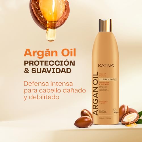 Kativa Huile d'Argan Shampooing 500 ml -Shampooing Nourrissant en Profondeur pour Cheveux Sécés, Non Gras, Traitement Ap