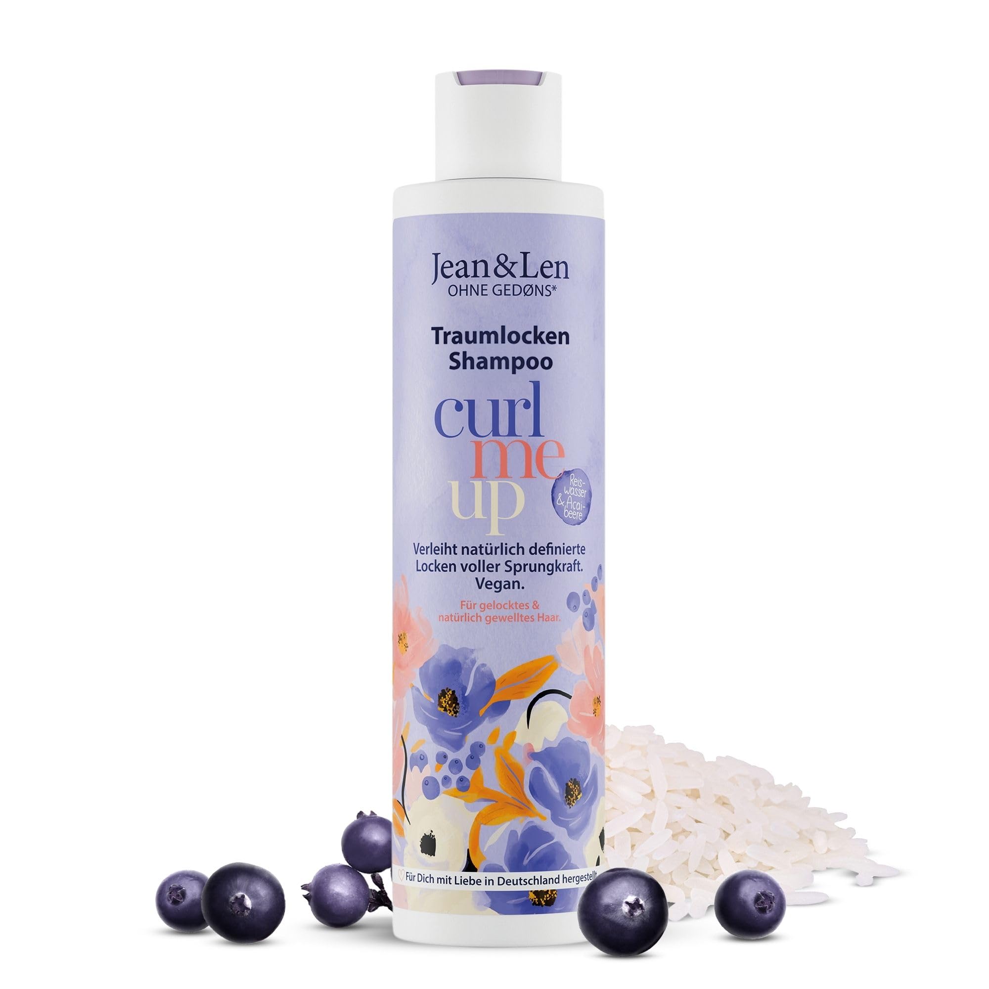 Shampooing Jean & Len Eau de riz & Açaibeere, cheveux bouclés & ondulés, volume & ressort, parfum fruité, sans parabènes